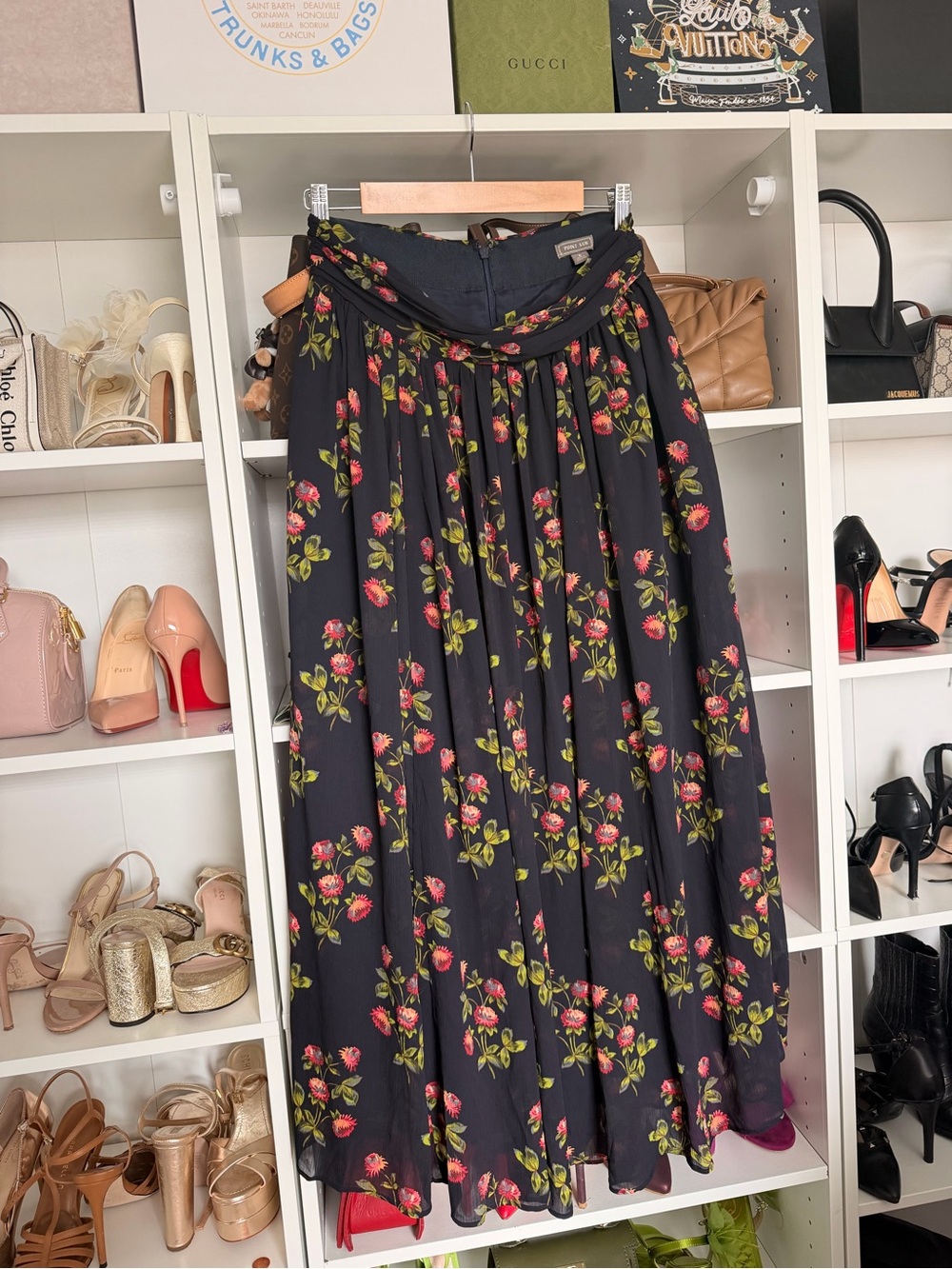 Black Floral Maxi Skirt with Pink Rose Print